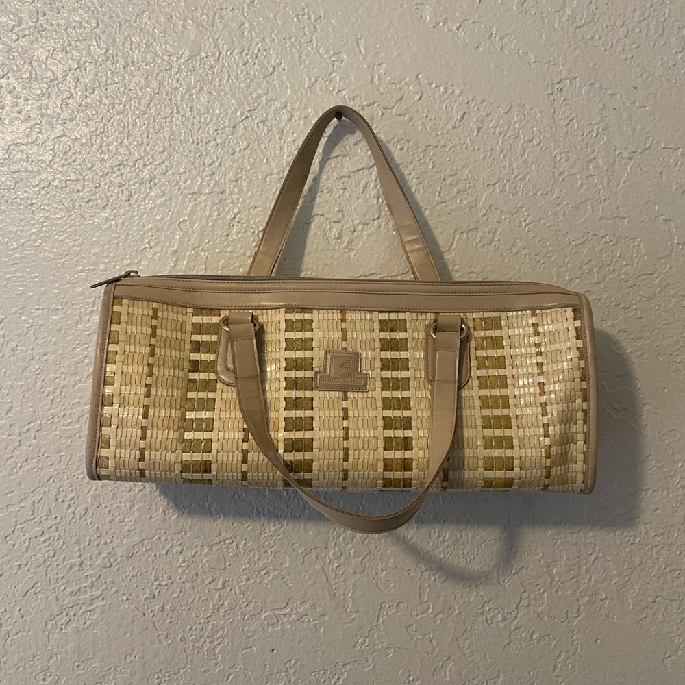 70s 80s vintage Sylvia Santos oversized plastic faux straw woven barrel bag